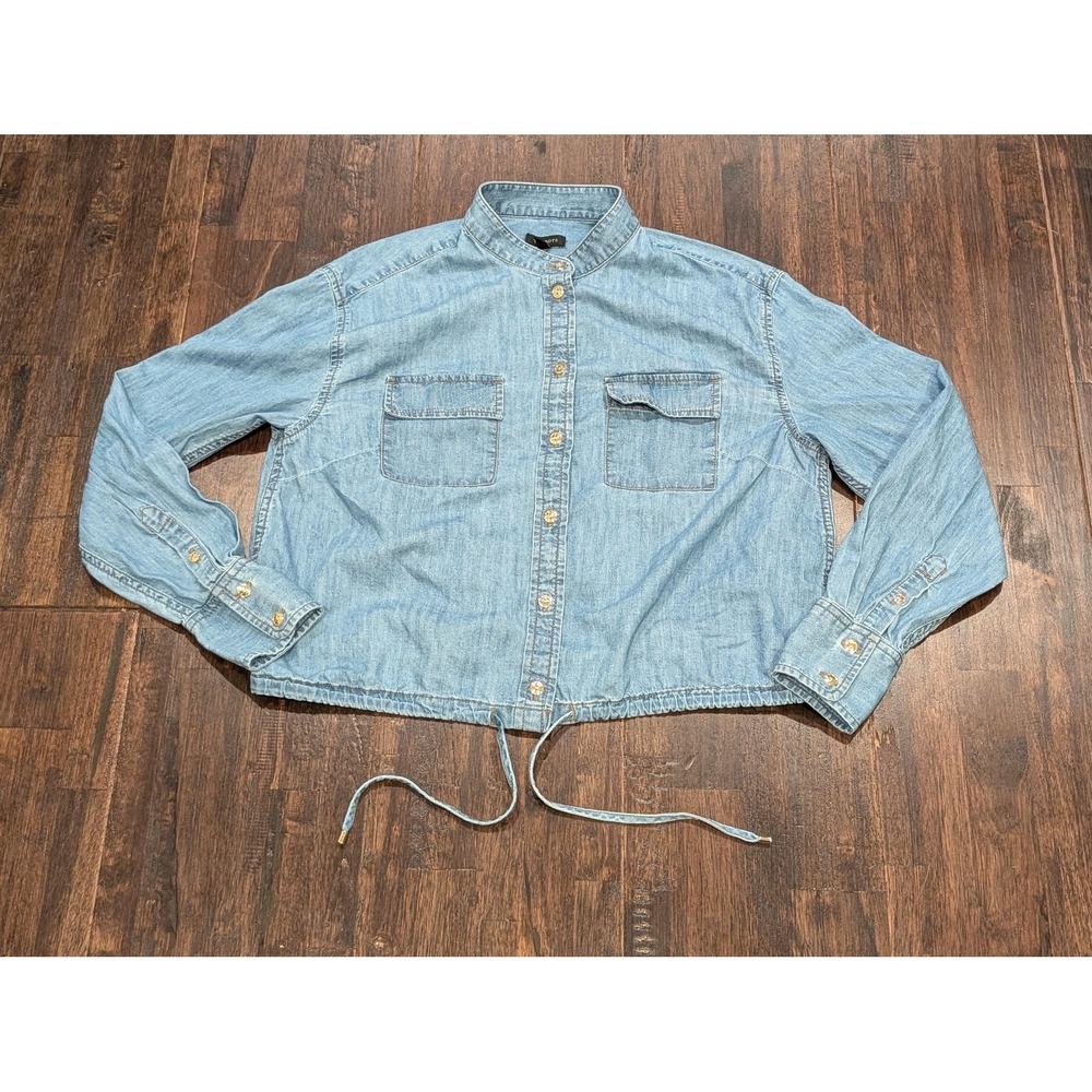 Talbots Tie Front Denim Top Womens XS Blue Gold‎ Button Up Drawstring Pockets